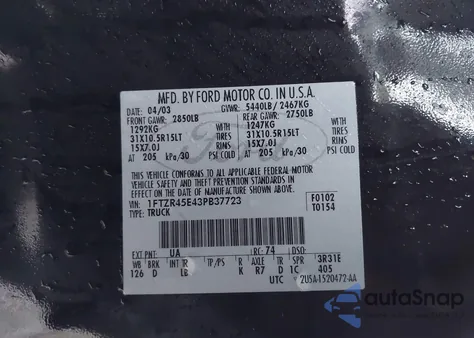 2003 Ford Ranger Edge/Xlt из США, поврежденный, VIN 1FTZR45E43PB37723